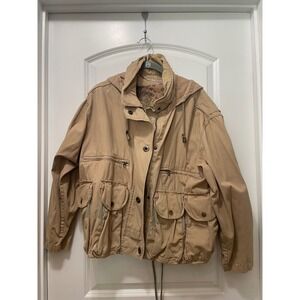 Guess Y2K Outerwear Khaki Utility Jacket Hooded Cargo Pockets Drawstring Size M